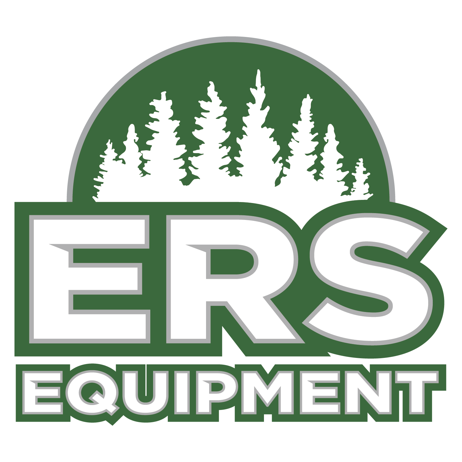 Logo with the words ERS Equipment in bold white letters outlined in green, with silhouettes of evergreen trees and a green semi-circle in the background.