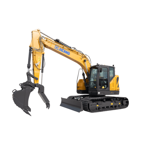 A yellow and black XCMG excavator with a large mechanical claw attachment and crawler tracks, isolated on a white background.