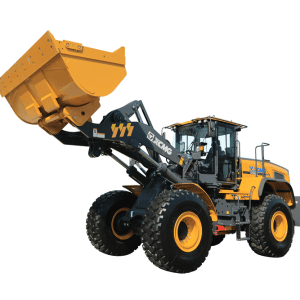 A large yellow and black front-end loader construction vehicle with big tires and a raised bucket attachment.