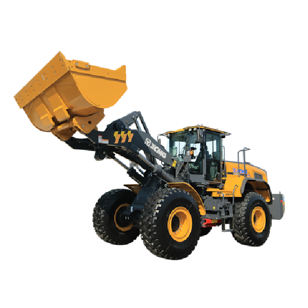 A large yellow and black front-end loader construction vehicle with big tires and a raised bucket attachment.