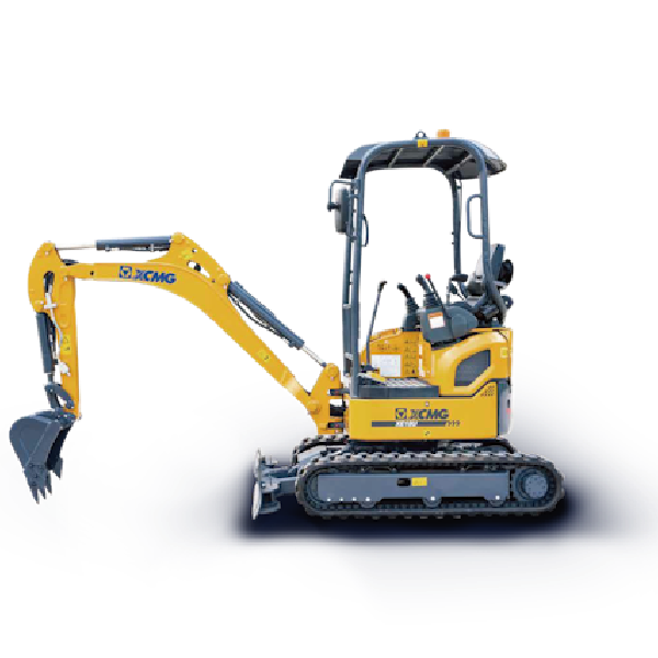 A yellow XCMG hydraulic excavator with a large arm and bucket attachment, resting on black crawler tracks, isolated on a white background.