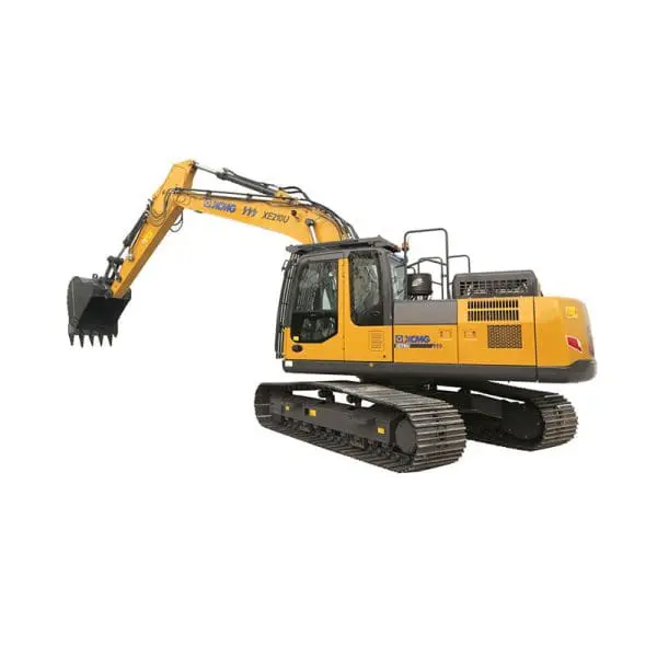 A yellow XCMG hydraulic excavator with a large arm and bucket attachment, resting on black crawler tracks, isolated on a white background.