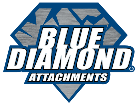 Logo with a stylized blue diamond shape and the words Blue Diamond Attachments in bold white letters outlined in blue and black. The diamond has a metallic texture background.